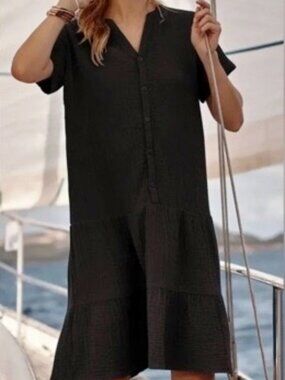 J. Jill Dress Button Front Tiered Cotton Gauze Women Size 2X Black Coastal Boho